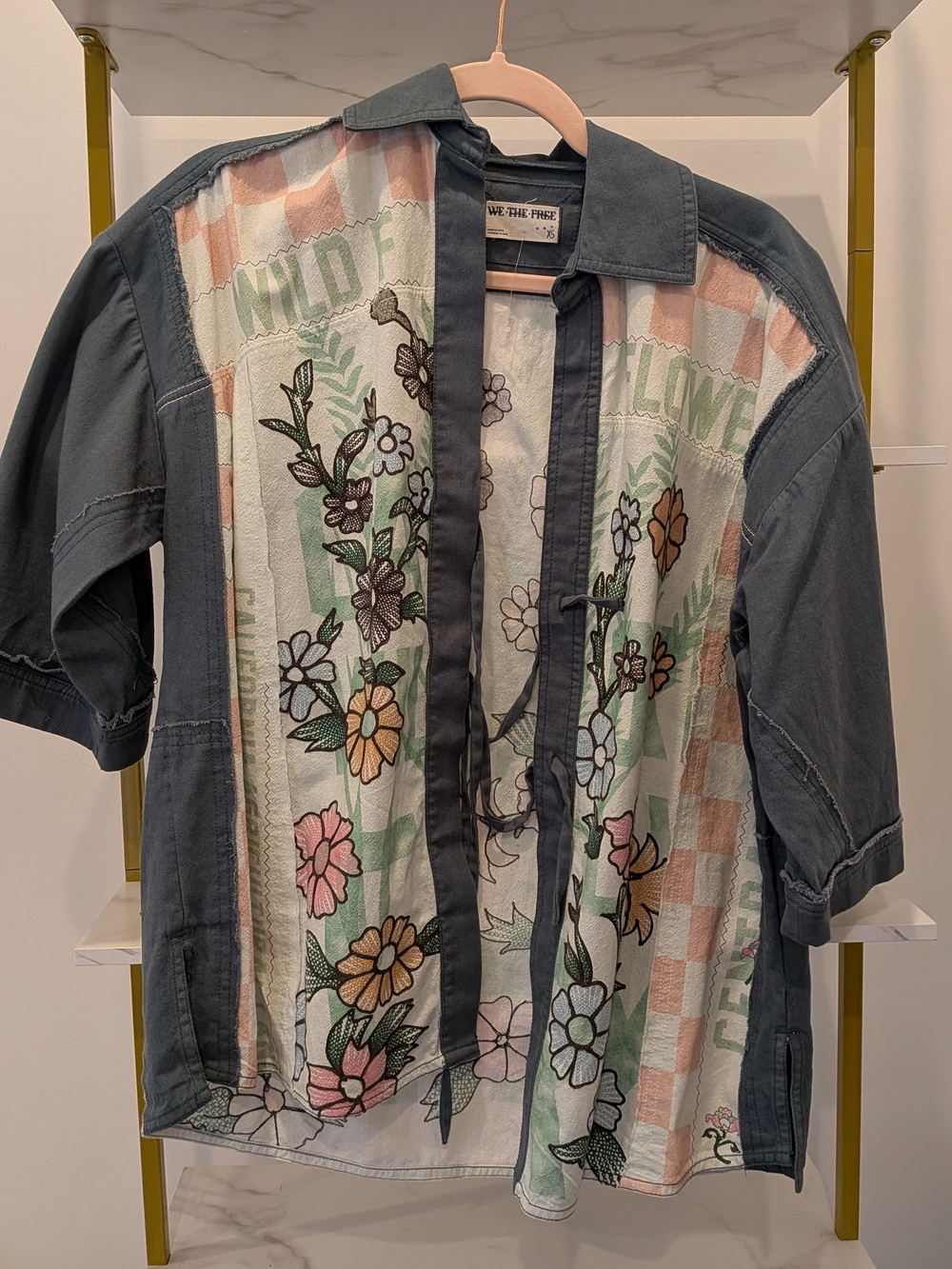 We The Free Green Floral Patchwork Shirt Jacket.